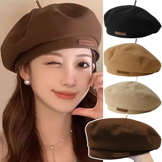 Retro Handmade Beret Spring Autumn Women Black Beige Woolen Beret Khaki Brown Painter Hat Female Winter Temperament Sense Cap