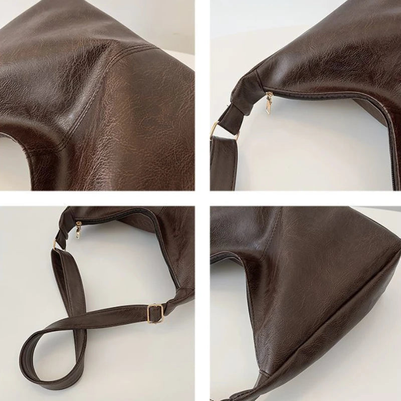 PU Leather Commuter Fashion Vintage Casual Tote Bag Maillard Stylish Crossbody Bags for Women Texture Large Capacity Temperament
