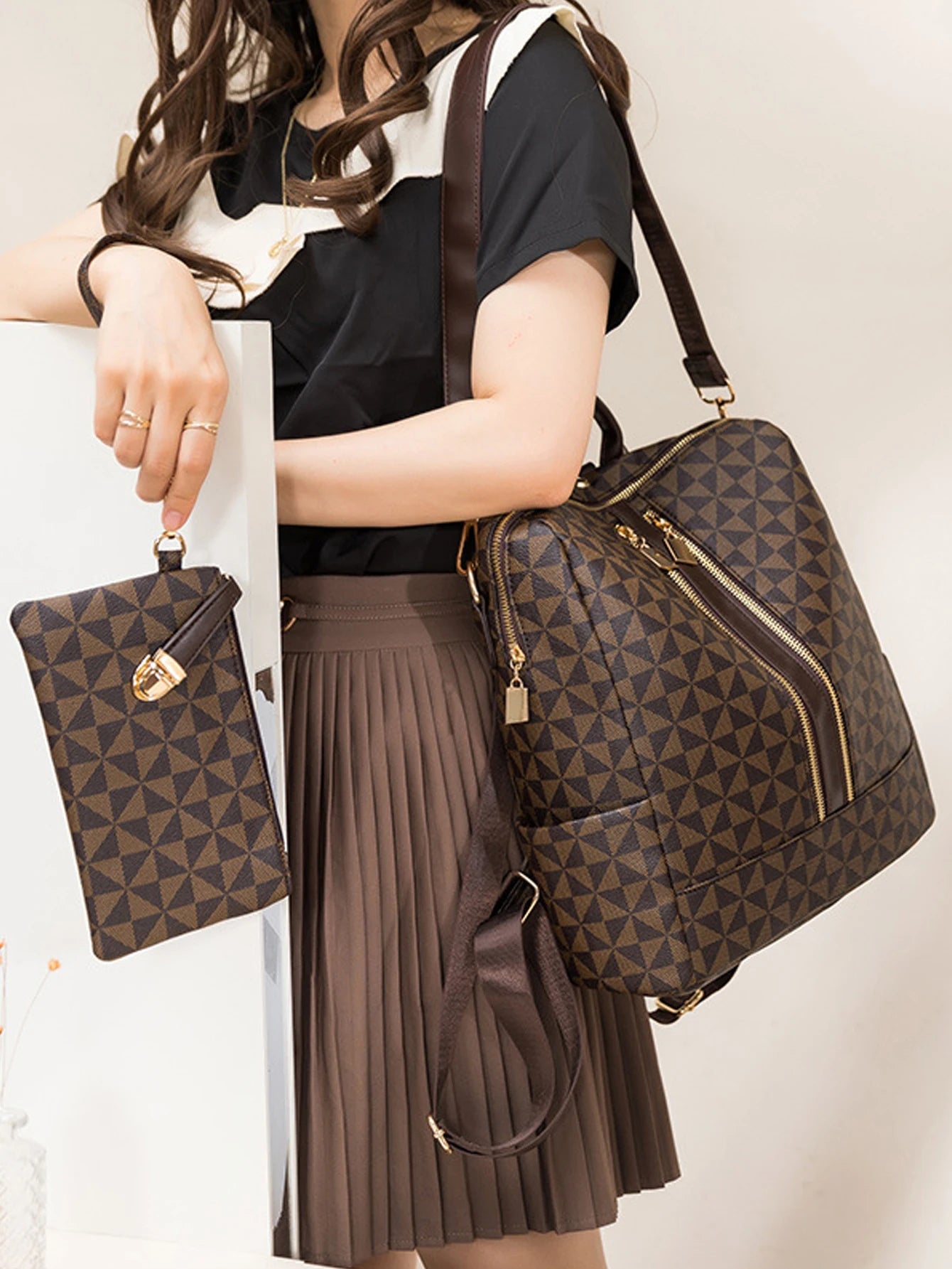 2pcs Backpack And Handbag Set, For Women, Waterproof Double Shoulder Crossbody Bag, Women's Travel Send Co