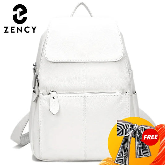 Zency Stylish Black White Genuine Leather Women Backpack A++ Quality Anti-theft Large Capacity Knapsack Travel Designer Rucksack