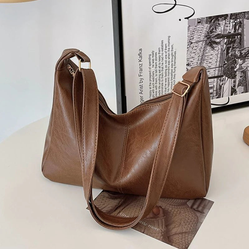 PU Leather Commuter Fashion Vintage Casual Tote Bag Maillard Stylish Crossbody Bags for Women Texture Large Capacity Temperament