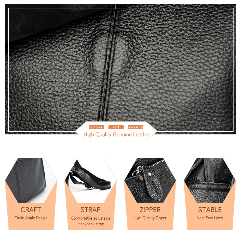 Zency Stylish Black White Genuine Leather Women Backpack A++ Quality Anti-theft Large Capacity Knapsack Travel Designer Rucksack